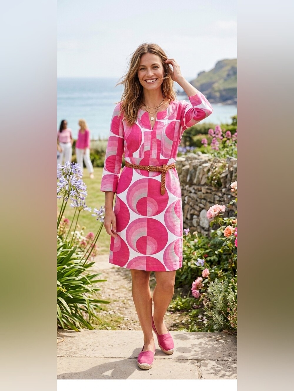 Boden Notch V-Neck Linen/Cotton Tunic Dress Retro/Mod Geometric Circle Print